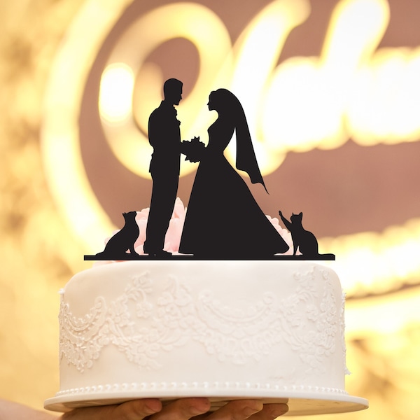 Custom Cat Couple Silhouette Custom Wedding Cake Topper, Pet Bride and Groom Cake Topper, Mr. e Mrs. Wooden Cake Topper per matrimonio