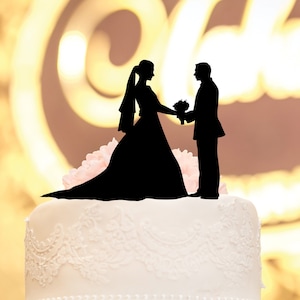 Custom Couple Silhouette Wedding Cake Topper: Personalized Wood Mr. & Mrs.