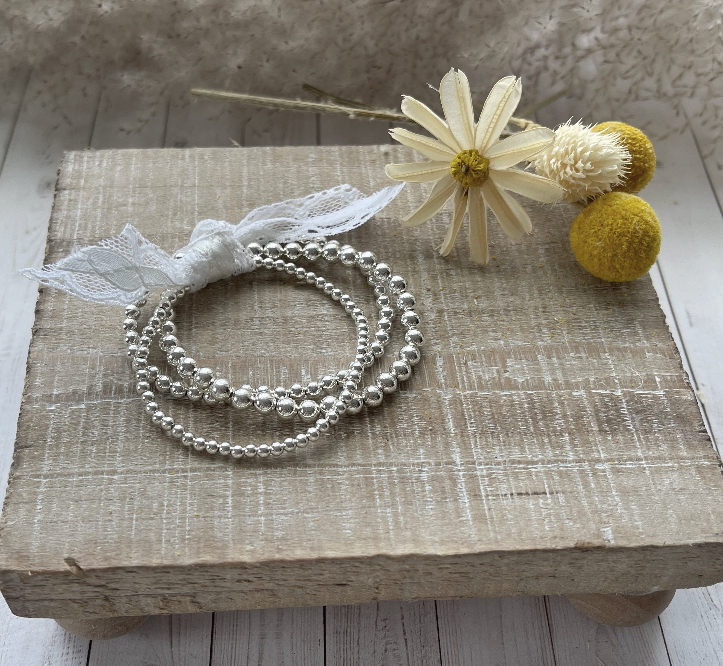 Set of 3 Sterling Silver Beaded Bracelets Silver Bead Bracelets