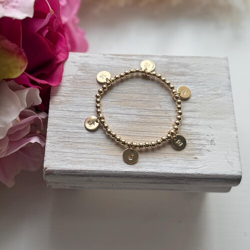 14K Gold Filled Initial Charm Bracelet: Stacking Bead Bracelet
