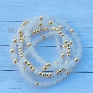White Jade Bracelets, Stacking Bracelets, 14K Gold Filled Bracelets, Gold Bead Bracelets.  Can be worn together or separately.