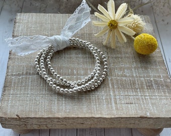 Sterling Silver Beaded Bracelet Set: 4mm Stacking Bracelets for Women