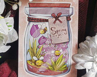 Spring in a jar - Carte postale printemps et abeilles mignonnes