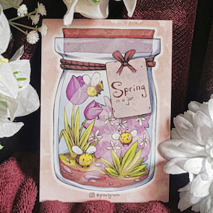 Spring in a jar - Carte postale printemps et abeilles mignonnes