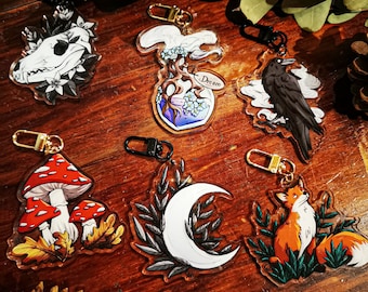 Forest Keychain, Acrylic Epoxy Charm - Crow, Fox, Wolf skull, Mushroom, Moon, Dream potion