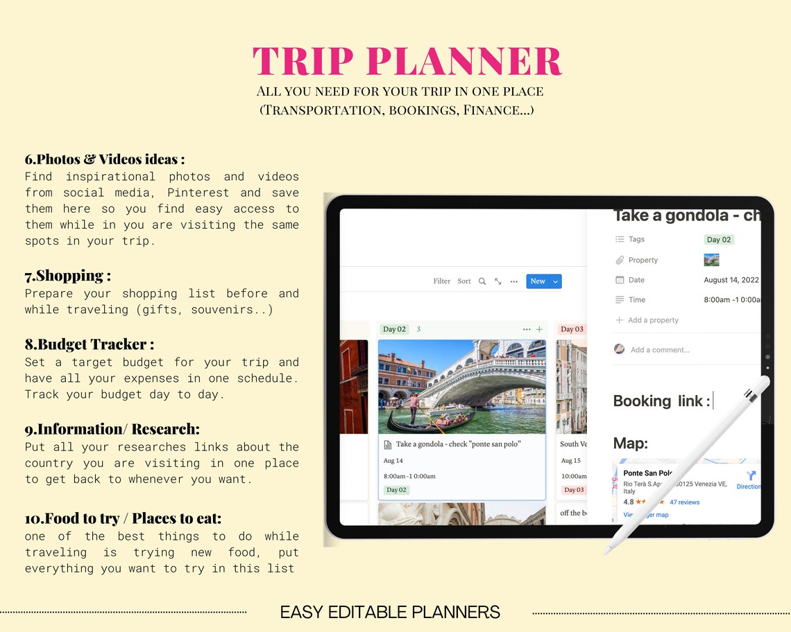 Travel Planner Notion Template, Notion Travel Itinerary, Notion Trip Planner, Vacation Planner