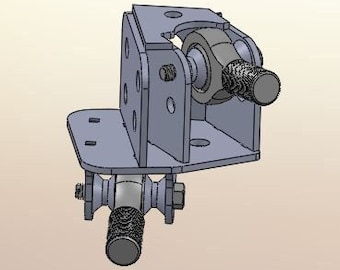 May include: A metal bracket with a wheel and bearing assembly. The bracket has a rectangular base and a vertical section with a hole for a bolt. The wheel is attached to the vertical section and has a bearing that allows it to rotate freely.