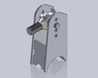May include: A silver metal bracket with a ball joint attached. The bracket has several holes for mounting.