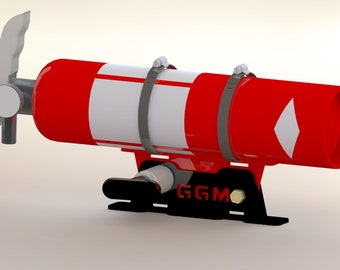 May include: A red fire extinguisher with a white stripe and a diamond-shaped white sticker is mounted on a black bracket with the text "GGM" on it. The extinguisher has a silver trigger and a silver handle.