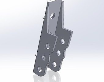 May include: Two metal brackets with multiple holes, designed for mounting or attaching objects. The brackets are gray and have a slightly curved shape.