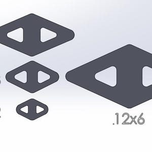 May include: A collection of dark gray diamond-shaped objects with triangular cutouts. Sizes are labeled as 8x4, 5x3, 3x2, and .12x6 inches. The objects are arranged on a white background.