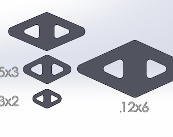 May include: A collection of dark gray diamond-shaped objects with triangular cutouts. Sizes are labeled as 8x4, 5x3, 3x2, and .12x6 inches. The objects are arranged on a white background.