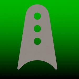 May include: A grey, pointed, three-hole, decorative piece with a rounded top and a curved bottom.