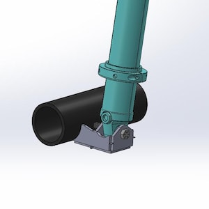 May include: A 3D rendering of a mechanical component. It features a teal-colored cylindrical element connected to a black cylindrical tube via a gray bracket. The design includes bolts and circular flanges.