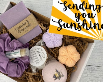 Thinking of You Spa Gift Box Basket Set | Self Care Package Gift for Her | Bath Bombs Aromatherapy Shower Steamers | Lavender Best Friend