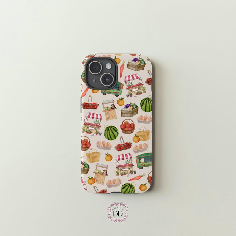 May include: A phone case with a repeating pattern of farmers market illustrations. The design includes baskets of produce, market stalls, watermelons, oranges, and carrots. The case has a light beige background and a glossy finish.