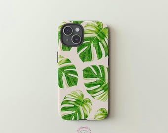 Funda para teléfono con diseño de hojas de Monstera: color crema tropical veraniego