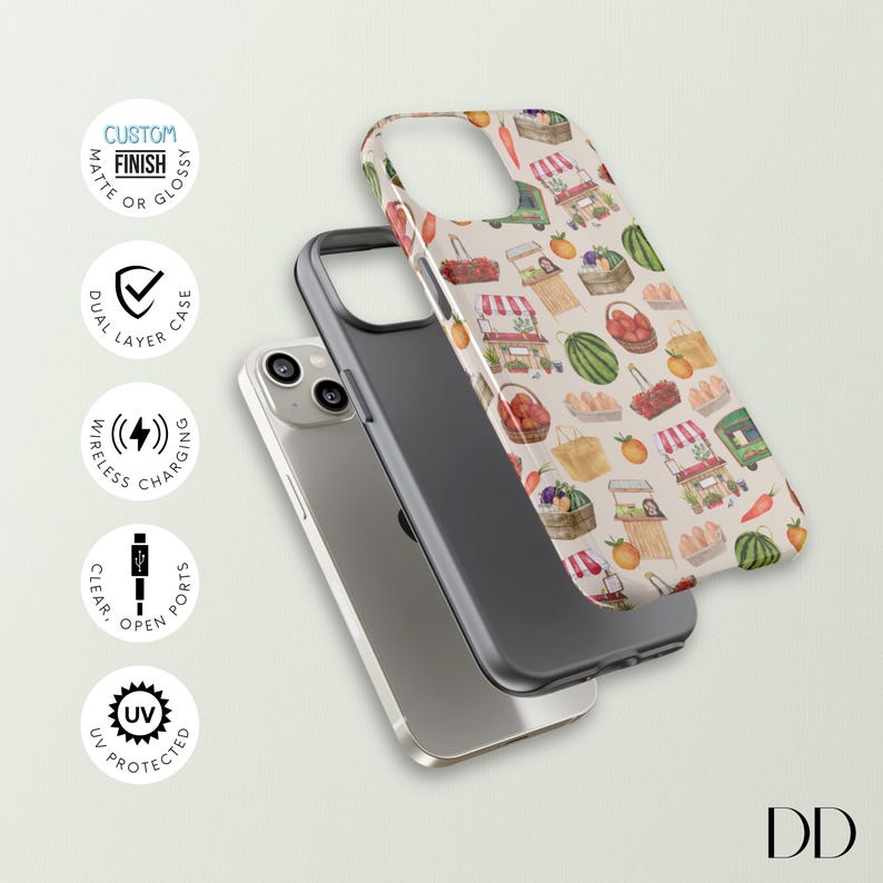 May include: A phone case with a beige background and a pattern of market stalls, fruits, and vegetables. The case is shown with a black interior case and a silver phone. Text on the case includes "CUSTOM FINISH", "DUAL LAYER CASE", "WIRELESS CHARGING", "CLEAR OPEN PORTS", and "UV PROTECTED".