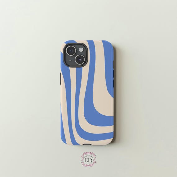 Wavy Abstract Phone Case: Blue & Cream Duotone Stripe