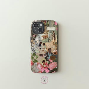 May include: A phone case with a collage of images, including a couple in a garden, a man with a book, and a quote about being completely and perfectly, undeniably happy. The case has a floral design with pink and white flowers.