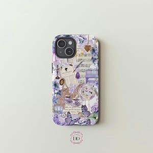 May include: A phone case featuring a collage of vintage-style illustrations in shades of purple, lavender, and white. The design includes butterflies, musical notes, teacups, and antique jewelry. The case has a glossy finish and a camera cutout.