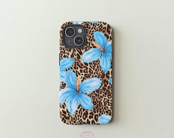 Leopard Blue Hibiscus Phone Case: Tropical Girly Floral Design