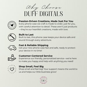 May include: A cream-colored graphic with the text "Why Choose DUFF DIGITALS" and supporting text about phone cases. Includes icons for handmade, durability, shipping, customer service, and supporting small business.