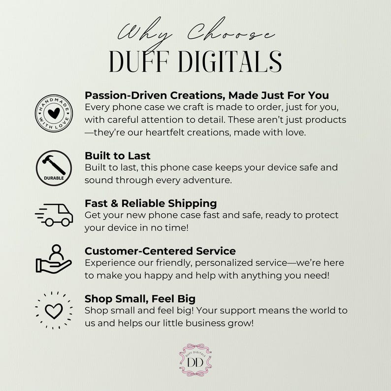 May include: A cream-colored graphic with the text "Why Choose DUFF DIGITALS" and supporting text about phone cases. Includes icons for handmade, durability, shipping, customer service, and supporting small business.