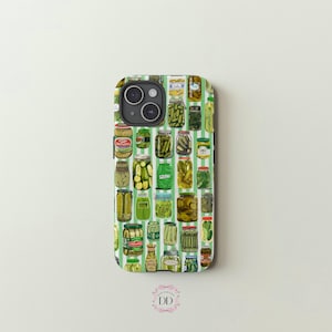 May include: A green and white striped phone case with a pattern of illustrated jars of pickles. The case has a cutout for the phone's camera.