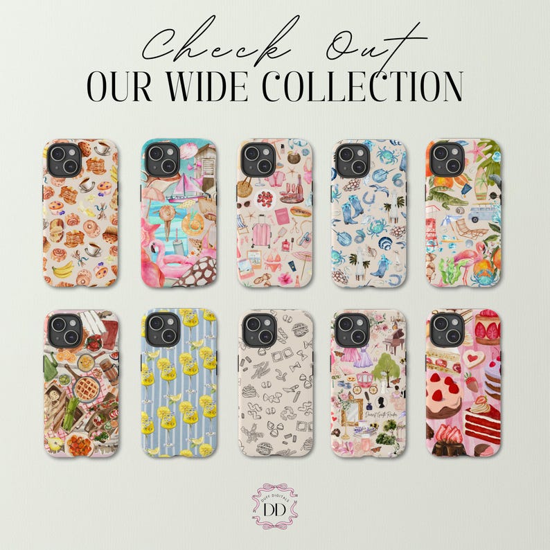 Pode incluir: Dez capas de telefone diferentes com v&aacute;rios designs coloridos. Os designs incluem donuts, lim&otilde;es, flores e outros padr&otilde;es. O texto "Check Out Our Wide Collection" est&aacute; no topo da imagem.