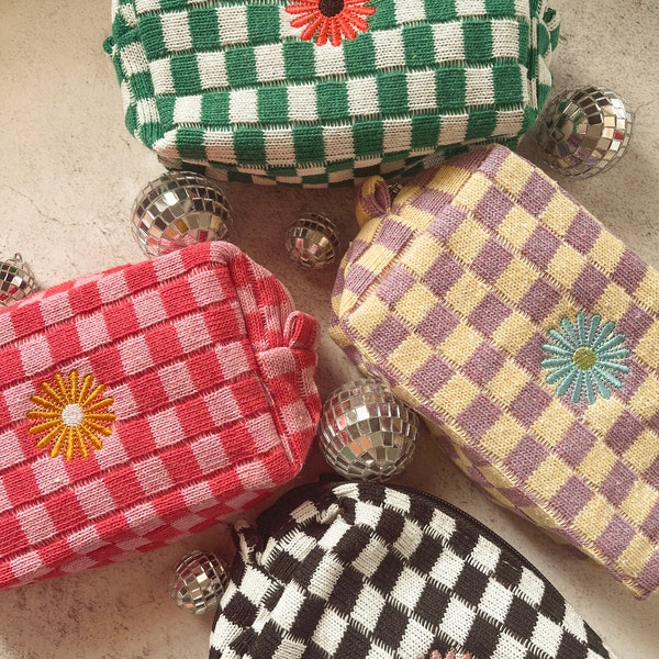 Checkered Makeup Bag / Embroidered Makeup Bag / Womens Makeup Bag / Cosmetic Bag / Toiletry Bag / Embroidery