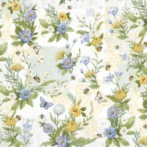 May include: A seamless pattern featuring a watercolor design of flowers, bees, and butterflies. The floral elements include yellow, blue, and white blossoms with green foliage. The background has a light, textured appearance with honeycomb and script elements.