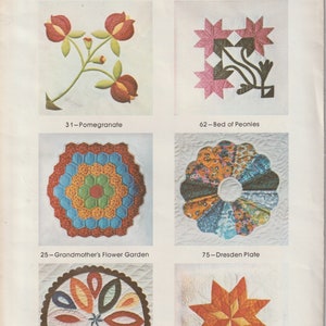 May include: A vintage quilting pattern booklet with a red, white, and blue color scheme. The cover features the text "Mountain Mist Brand Creative Quilting Pattern" and "New! $1.49 Contains One Pattern No. 75 With Plastic Templates". The booklet includes images of six different quilting patterns: Pomegranate, Bed of Peonies, Grandmother's Flower Garden, Dresden Plate, Daddy Hex, and Star of the Bluegrass.