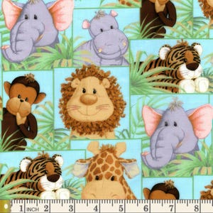 May include: A blue background with a variety of stuffed animal toys, including a lion, elephant, giraffe, monkey, hippopotamus, and tiger. The toys are all on a green leafy background.