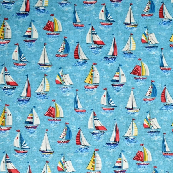 Nautical Sailboats And Lighthouses Cotton Fabric Makower TP 2499 Light Blue