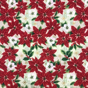 Merry Christmas Metallic Red Poinsettia With White Anemones Flowers BTY OOP Choice Fabrics