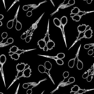 May include: A black and white seamless pattern featuring various vintage scissors with intricate details. The scissors are arranged in a repeating pattern on a black background.