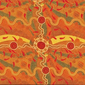 Könnte beinhalten: Abstrakter Kunstdruck mit einem sich wiederholenden Muster aus roten, orangefarbenen, gelben und grünen Punkten. Der Druck zeigt ein wirbelndes Design mit einem zentralen Kreis und einer Reihe von Linien.