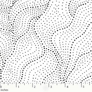 May include: White fabric with a black polka dot pattern. The dots are of varying sizes and are randomly distributed across the fabric.