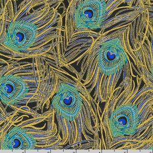 May include: Black fabric with a repeating pattern of gold and blue peacock feathers. The feathers have a detailed design with a blue eye in the center.