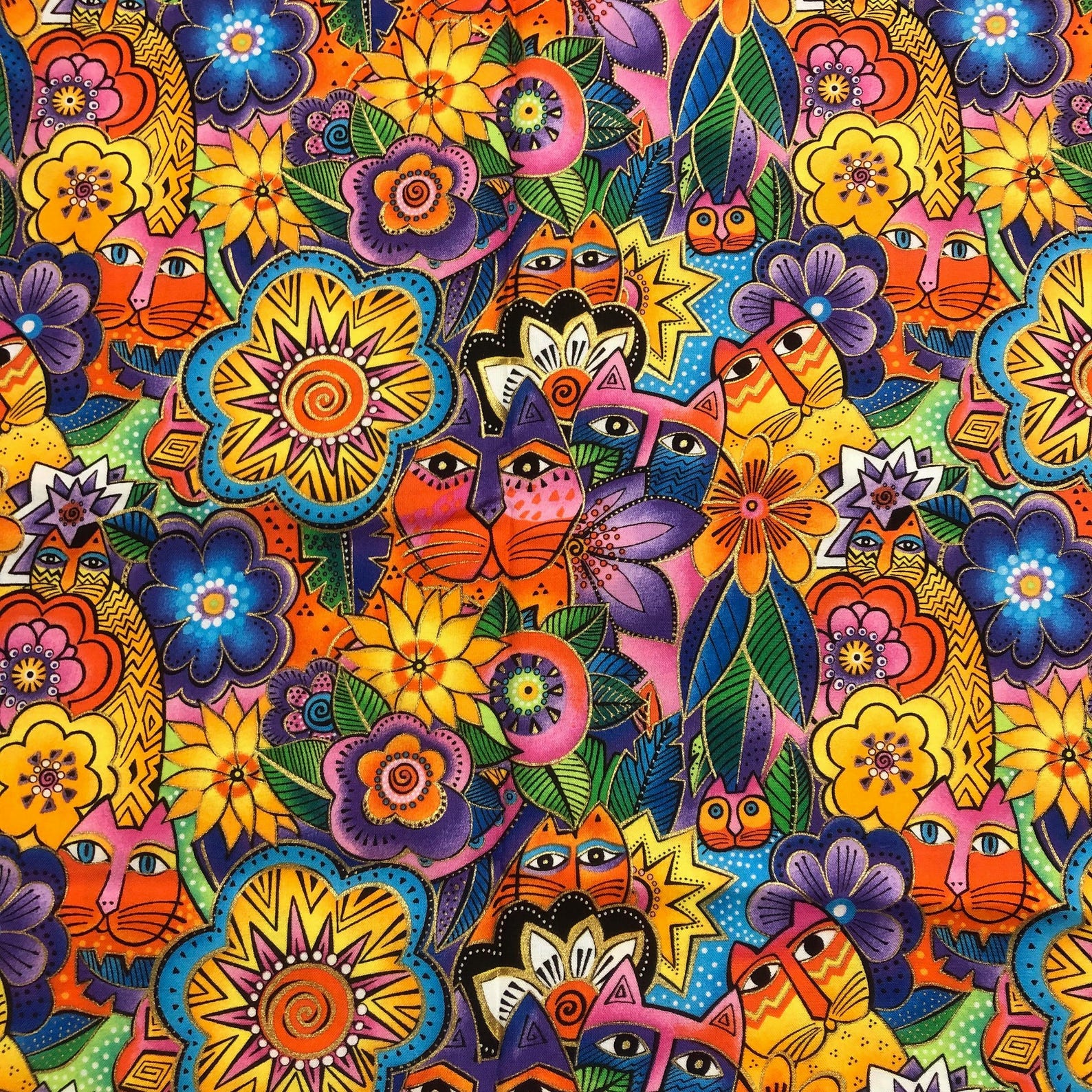 Rare Laurel Burch Felines & Canines Cotton Fabric Gold Metallic Accents ...