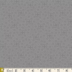 May include: A grey fabric with a white floral pattern. The fabric is shown with a ruler for scale.