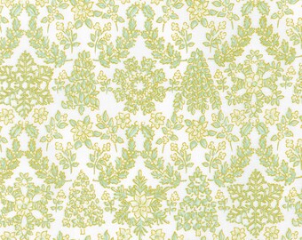 Sage Green Holiday Damask Cotton Fabric with Gold Metallic