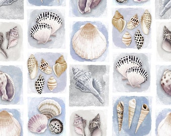 Seashell Wishes Digital Shell Tiles Cotton Fabric Diane Neukirch For Clothworks Y3464-87 Light Denim BTY