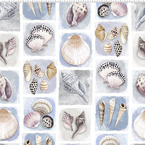 Seashell Wishes Digital Shell Tiles Cotton Fabric Diane Neukirch For Clothworks Y3464-87 Light Denim BTY