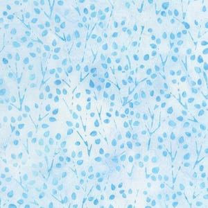 May include: A seamless pattern with a light blue background and a repeating design of small blue leaves and branches.