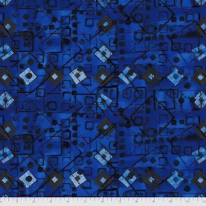 May include: Abstract geometric pattern in shades of blue with black outlines. The pattern is made up of squares and diamonds.
