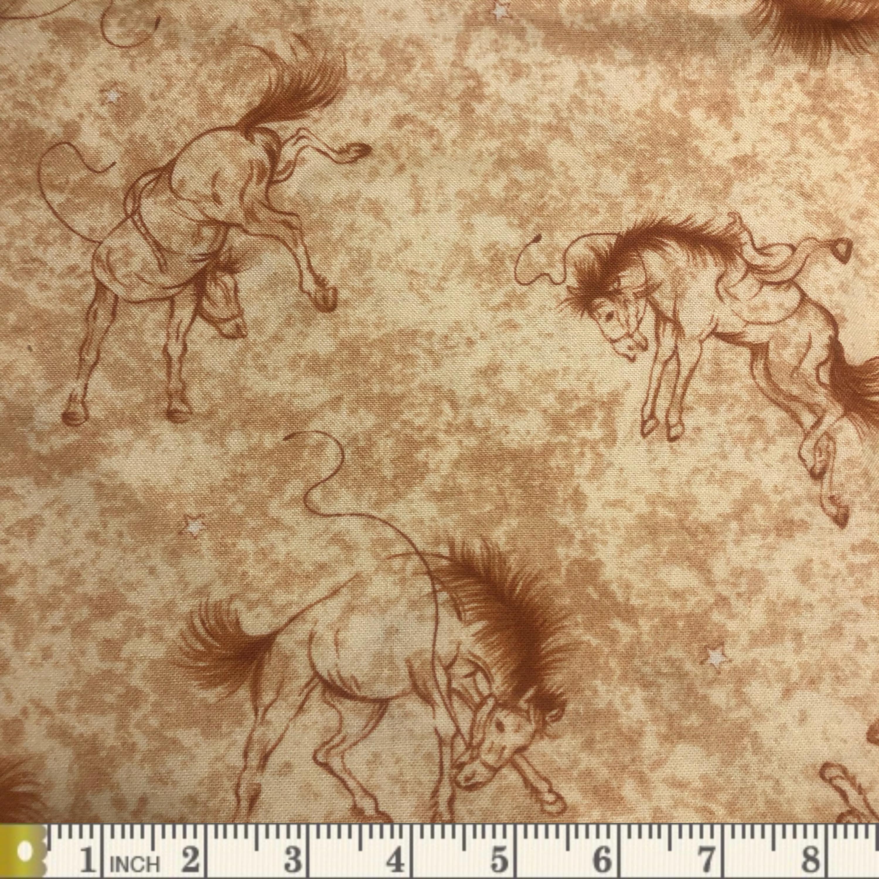 ランド Yehaw Bucking Bronco's Horses Cotton Fabric Gold Mottled