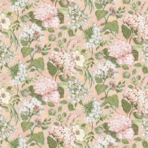 May include: A seamless pattern featuring a watercolor floral design. The pattern showcases clusters of pink and white hydrangeas, interspersed with green leaves and stems, set against a soft peach background. The overall aesthetic is delicate and botanical.