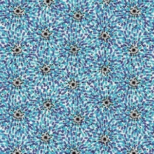 May include: A seamless pattern of blue and teal stylized flowers with black centers. The flowers are arranged in a repeating pattern on a white background.